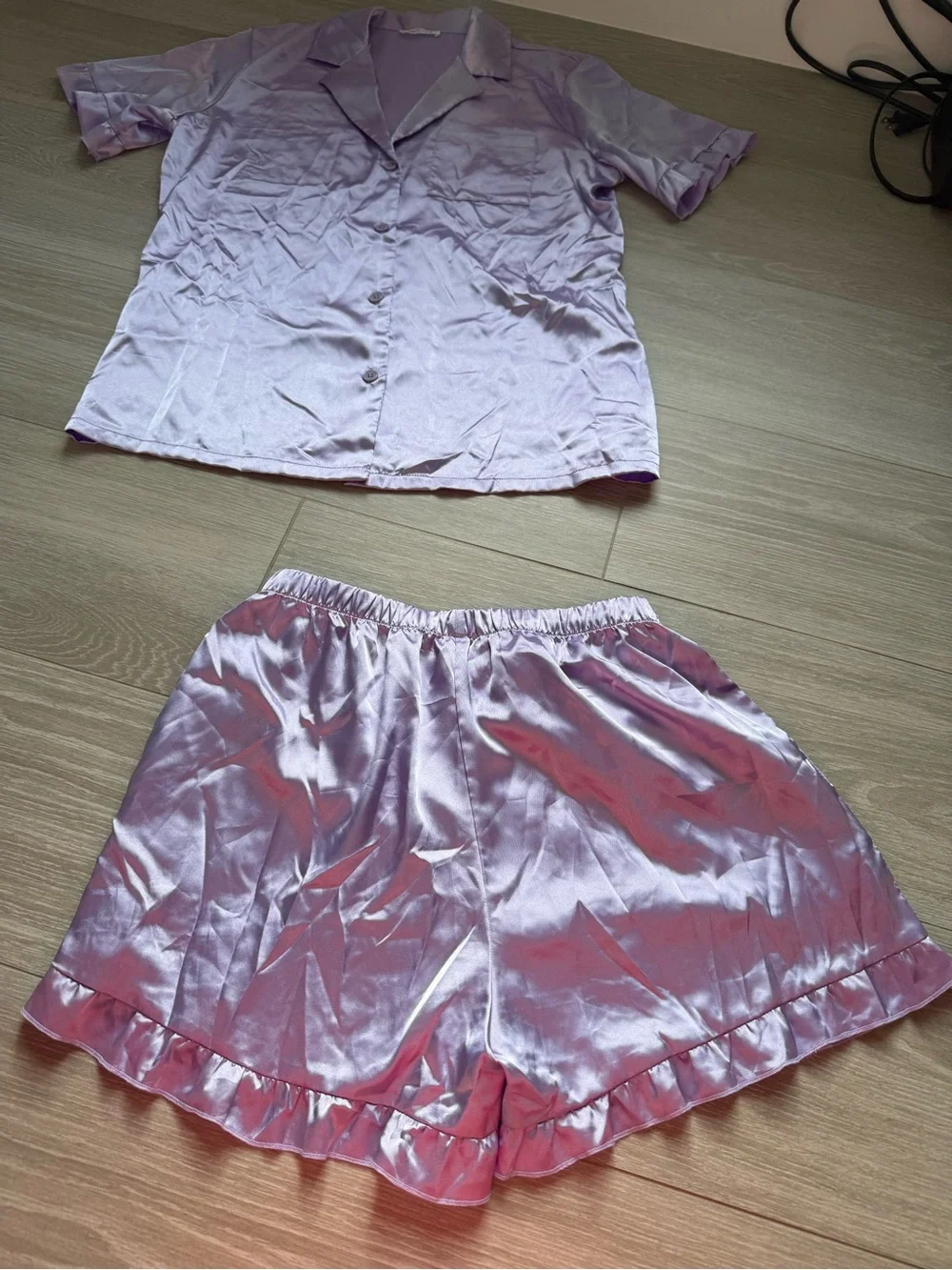Lilac Satin Pajama Set - Button Shirt & Ruffle Shorts